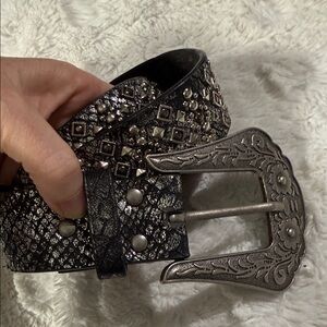 Studded faux leather belt silver pewter grey black Medium